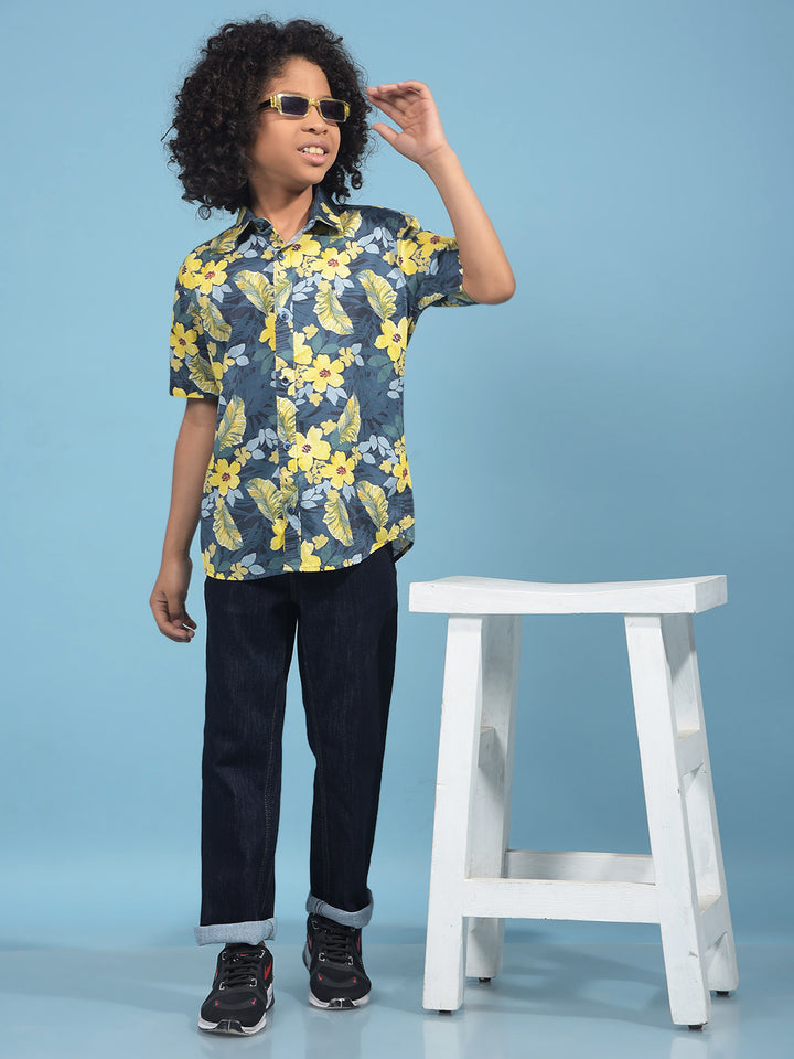 Mustard Floral Print Shirt-Boys Shirts-Crimsoune Club