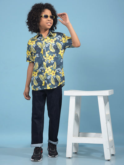 Mustard Floral Print Shirt-Boys Shirts-Crimsoune Club