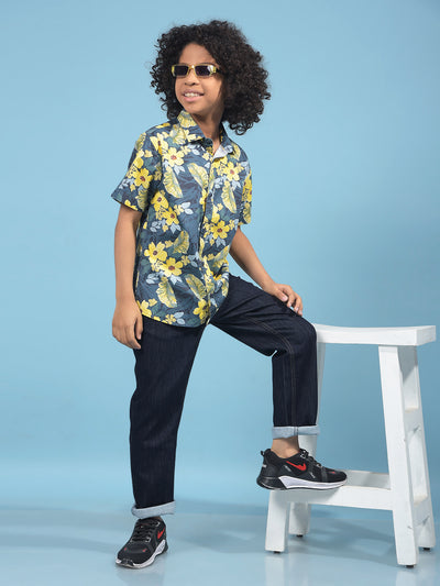 Mustard Floral Print Shirt-Boys Shirts-Crimsoune Club