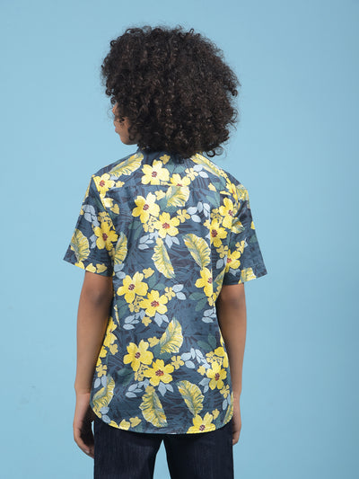 Mustard Floral Print Shirt-Boys Shirts-Crimsoune Club