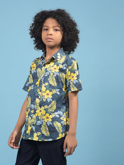 Mustard Floral Print Shirt-Boys Shirts-Crimsoune Club