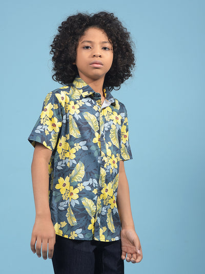 Mustard Floral Print Shirt-Boys Shirts-Crimsoune Club