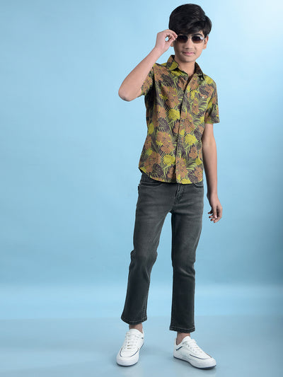 Green Floral Print 100% Cotton Button-Down Collar Shirt-Boys Shirts-Crimsoune Club