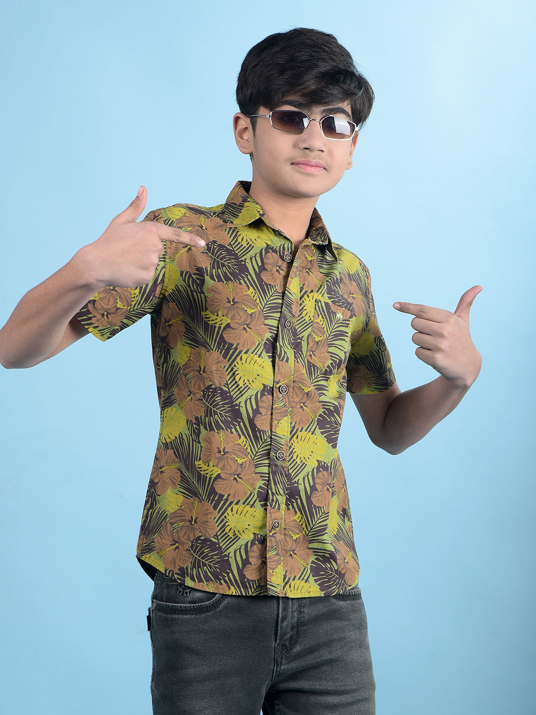 Green Floral Print 100% Cotton Button-Down Collar Shirt-Boys Shirts-Crimsoune Club