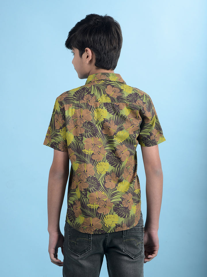 Green Floral Print 100% Cotton Button-Down Collar Shirt-Boys Shirts-Crimsoune Club