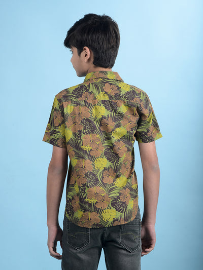 Green Floral Print 100% Cotton Button-Down Collar Shirt-Boys Shirts-Crimsoune Club