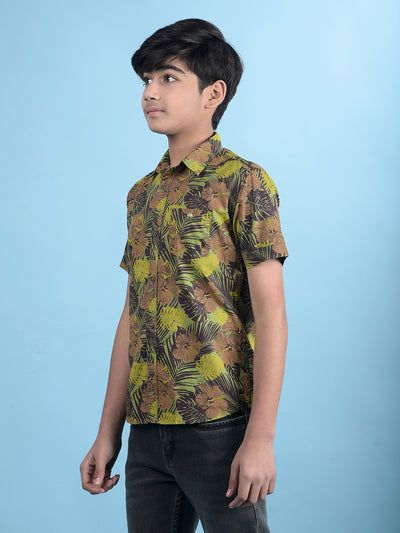 Green Floral Print 100% Cotton Button-Down Collar Shirt-Boys Shirts-Crimsoune Club
