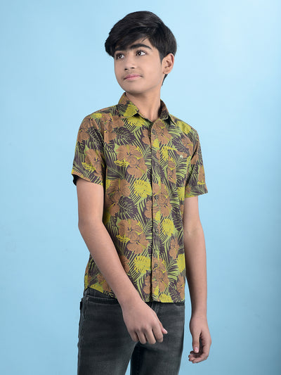 Green Floral Print 100% Cotton Button-Down Collar Shirt-Boys Shirts-Crimsoune Club
