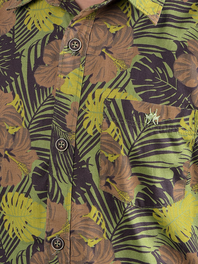 Green Floral Print 100% Cotton Button-Down Collar Shirt-Boys Shirts-Crimsoune Club