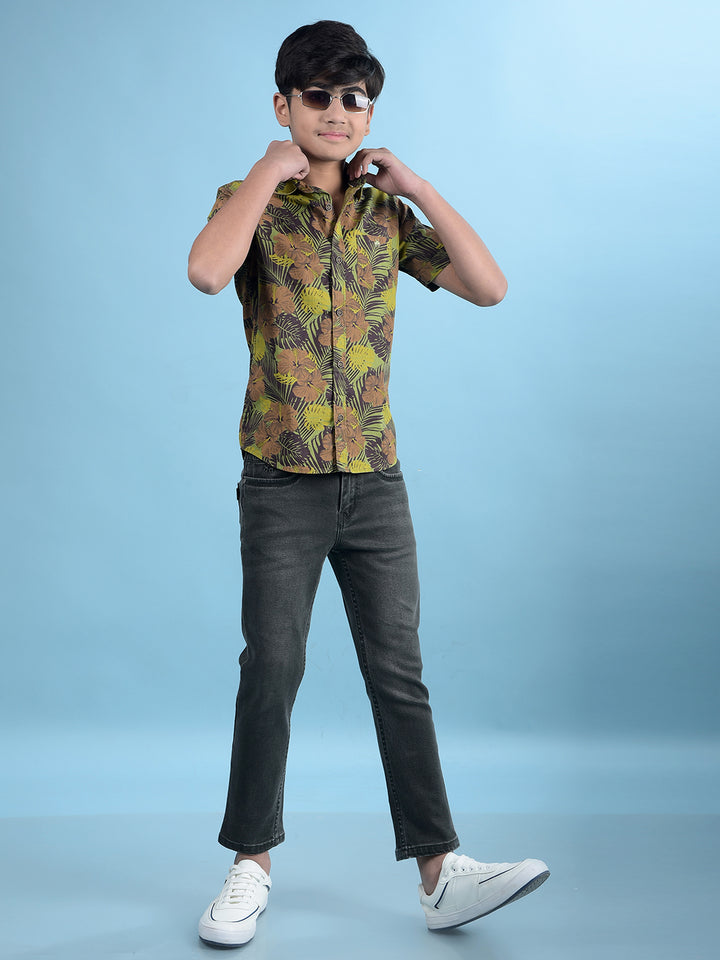 Green Floral Print 100% Cotton Button-Down Collar Shirt-Boys Shirts-Crimsoune Club