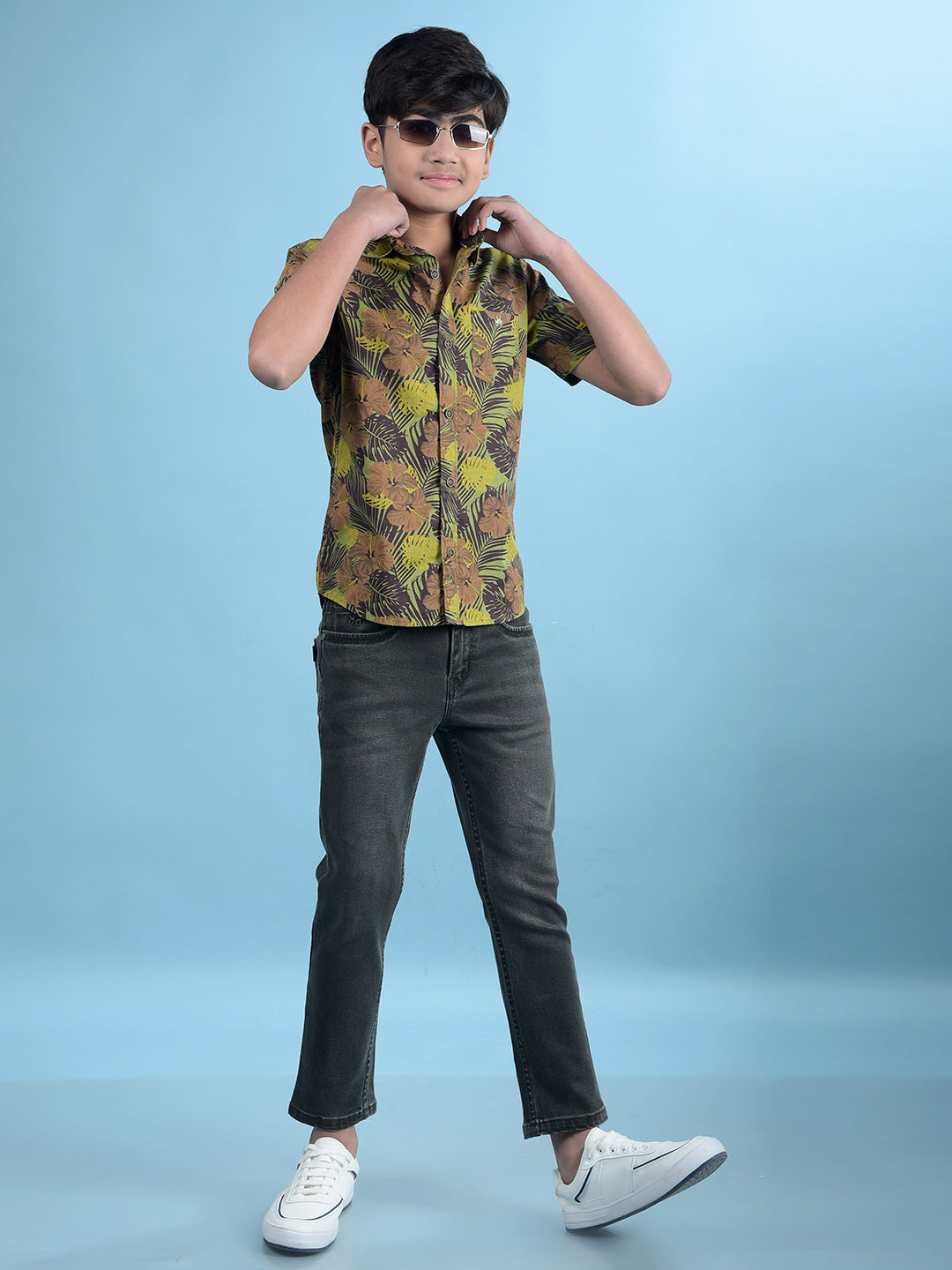 Green Floral Print 100% Cotton Button-Down Collar Shirt-Boys Shirts-Crimsoune Club