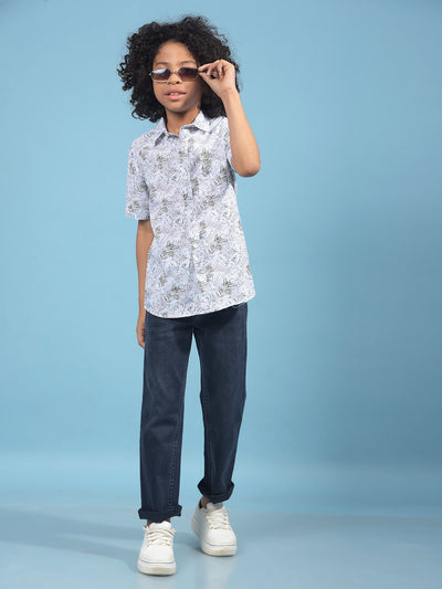 Olive Floral Print 100% Cotton Shirt-Boys Shirts-Crimsoune Club