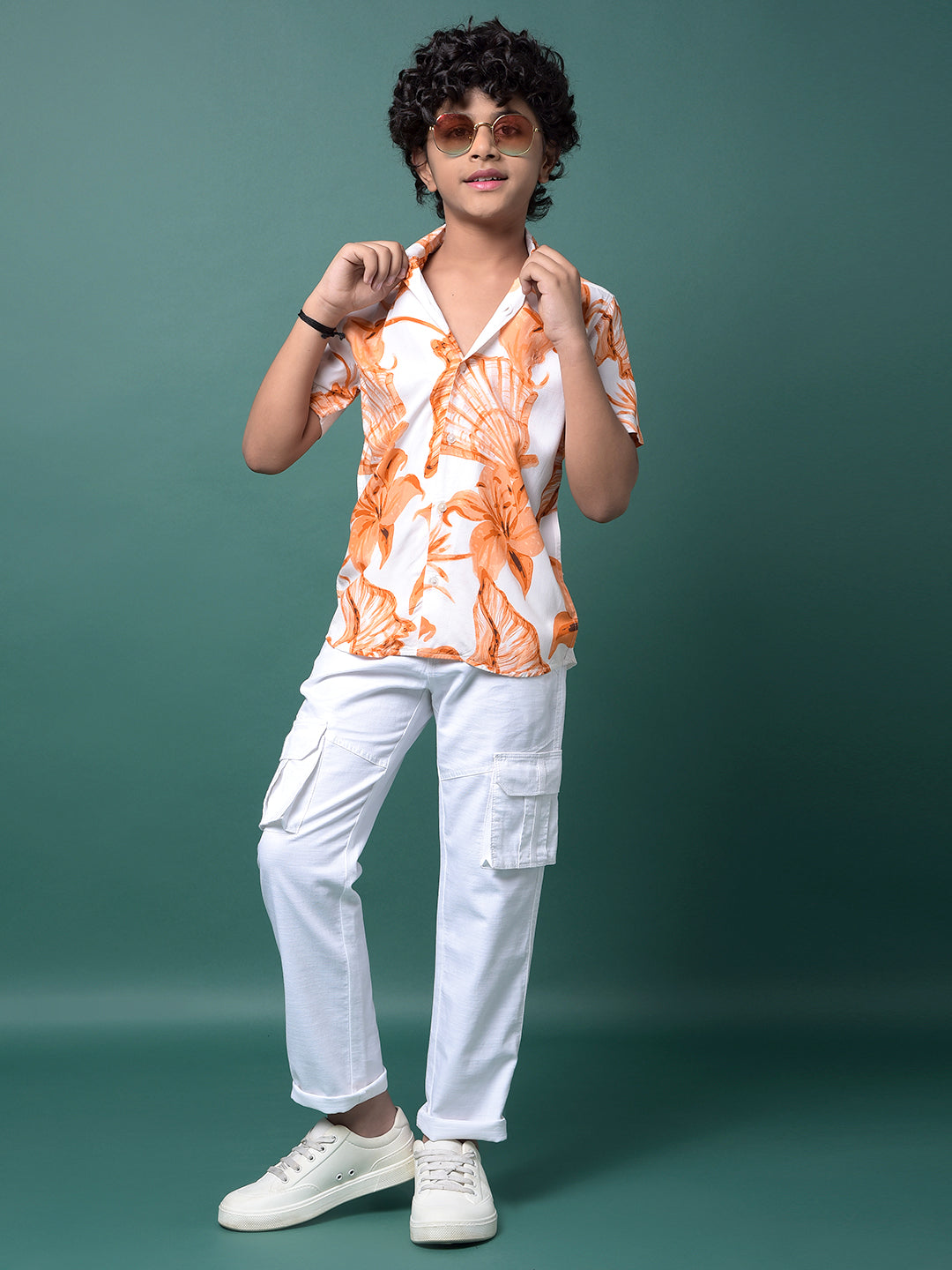 Orange Floral Print Resort Collar Shirt-Boys Shirts-Crimsoune Club