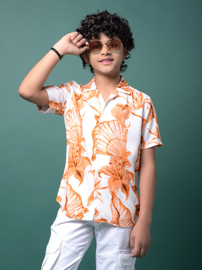 Orange Floral Print Resort Collar Shirt-Boys Shirts-Crimsoune Club