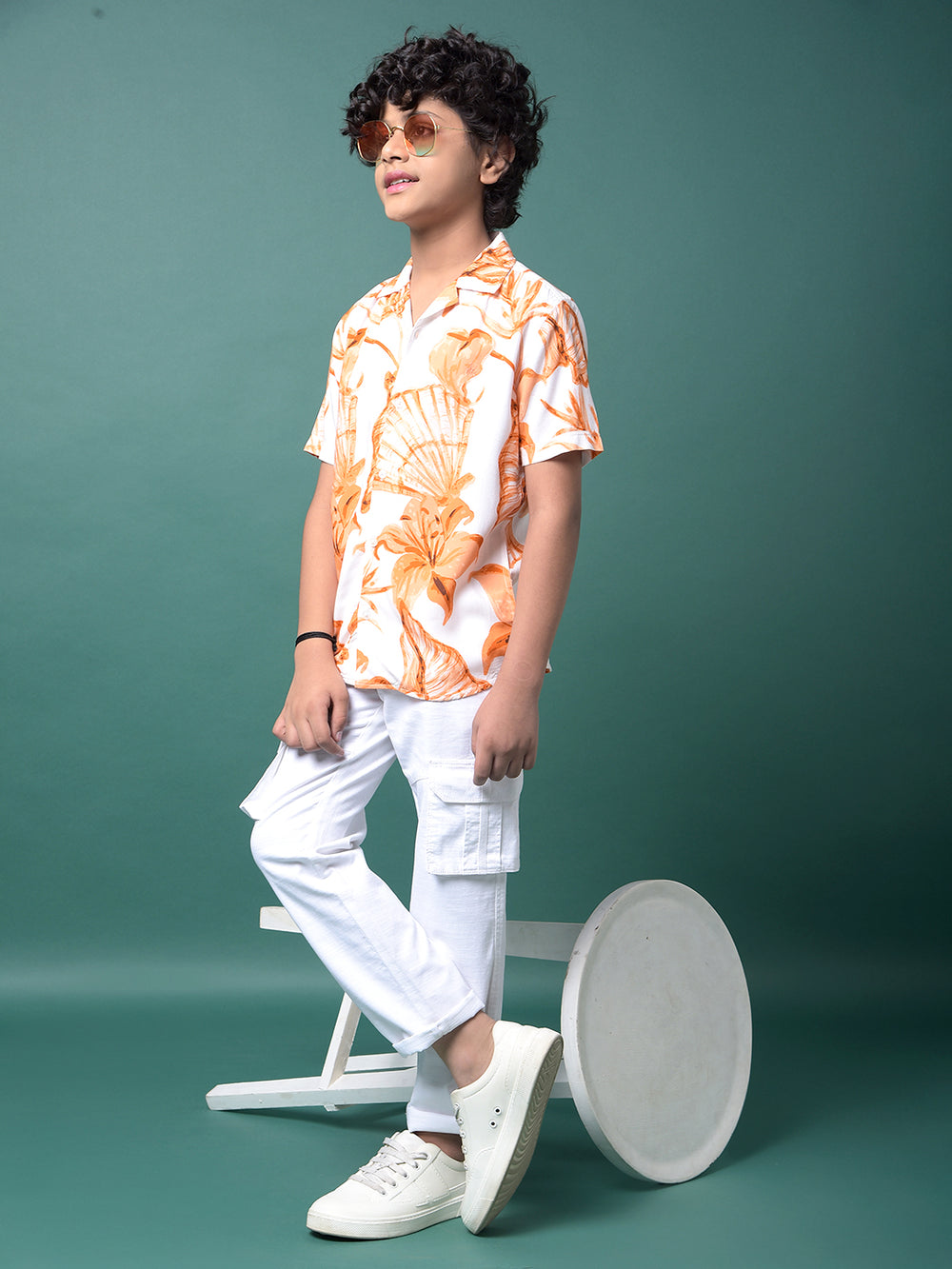 Orange Floral Print Resort Collar Shirt-Boys Shirts-Crimsoune Club