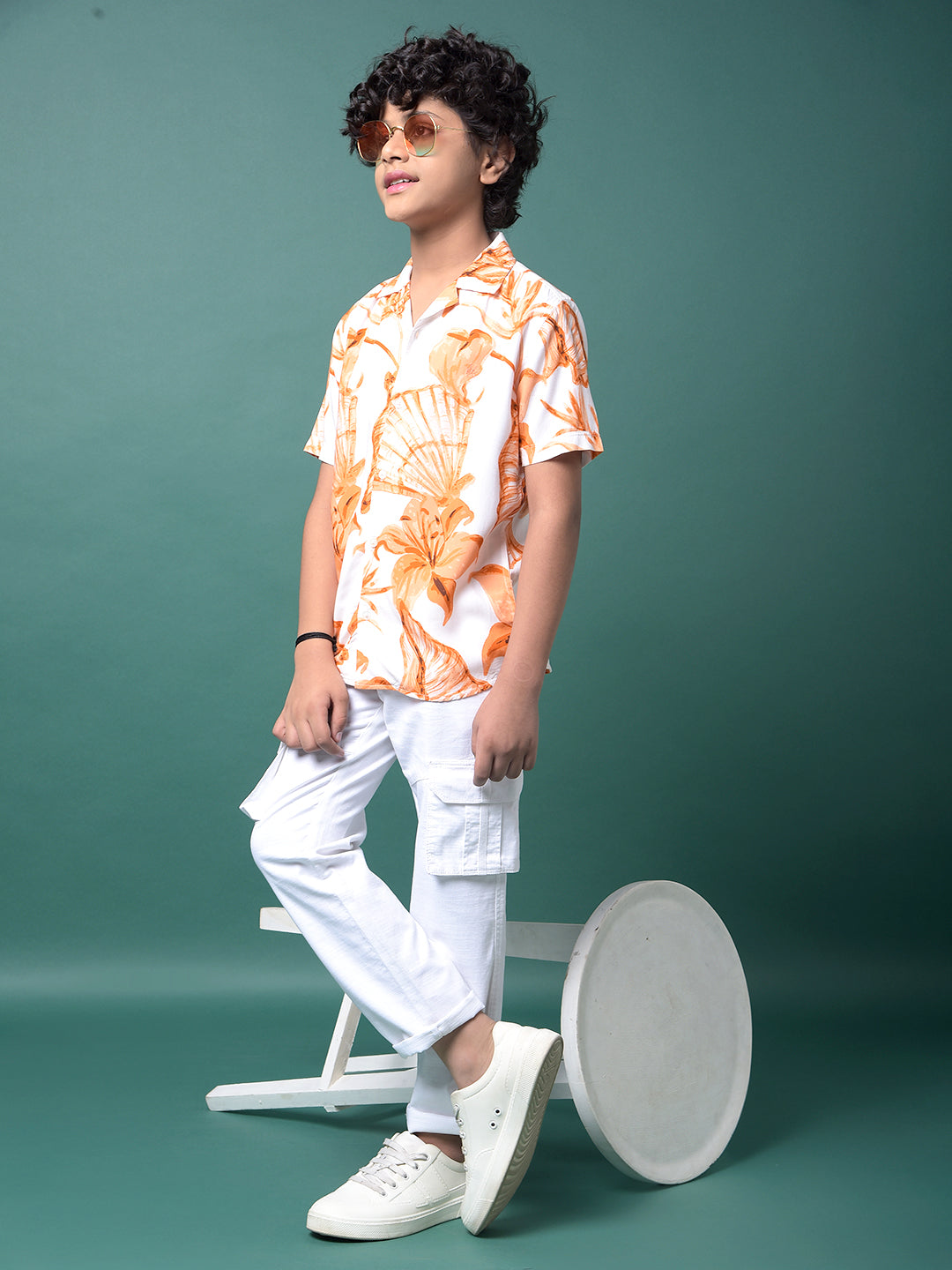 Orange Floral Print Resort Collar Shirt-Boys Shirts-Crimsoune Club