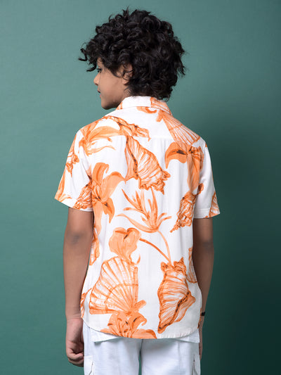 Orange Floral Print Resort Collar Shirt-Boys Shirts-Crimsoune Club