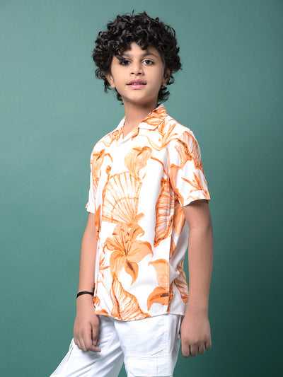Orange Floral Print Resort Collar Shirt-Boys Shirts-Crimsoune Club