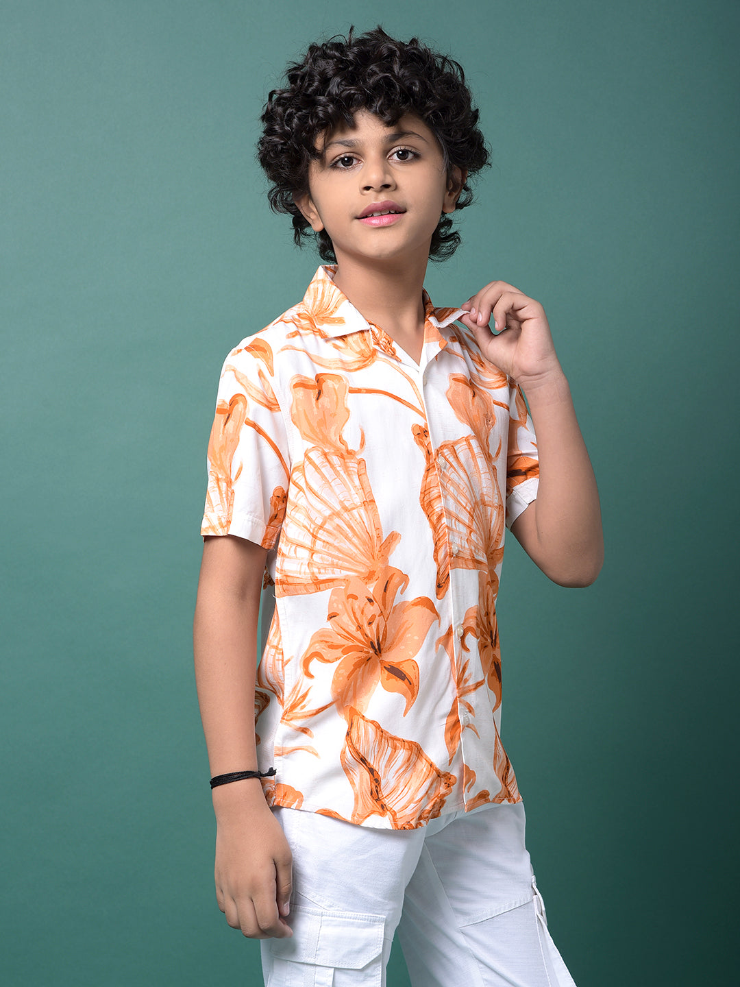 Orange Floral Print Resort Collar Shirt-Boys Shirts-Crimsoune Club
