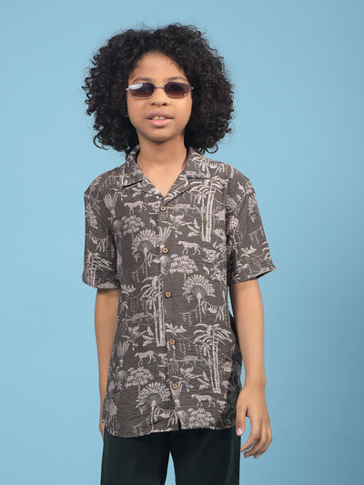 Green Floral Print Cuban Collar Shirt-Boys Shirts-Crimsoune Club