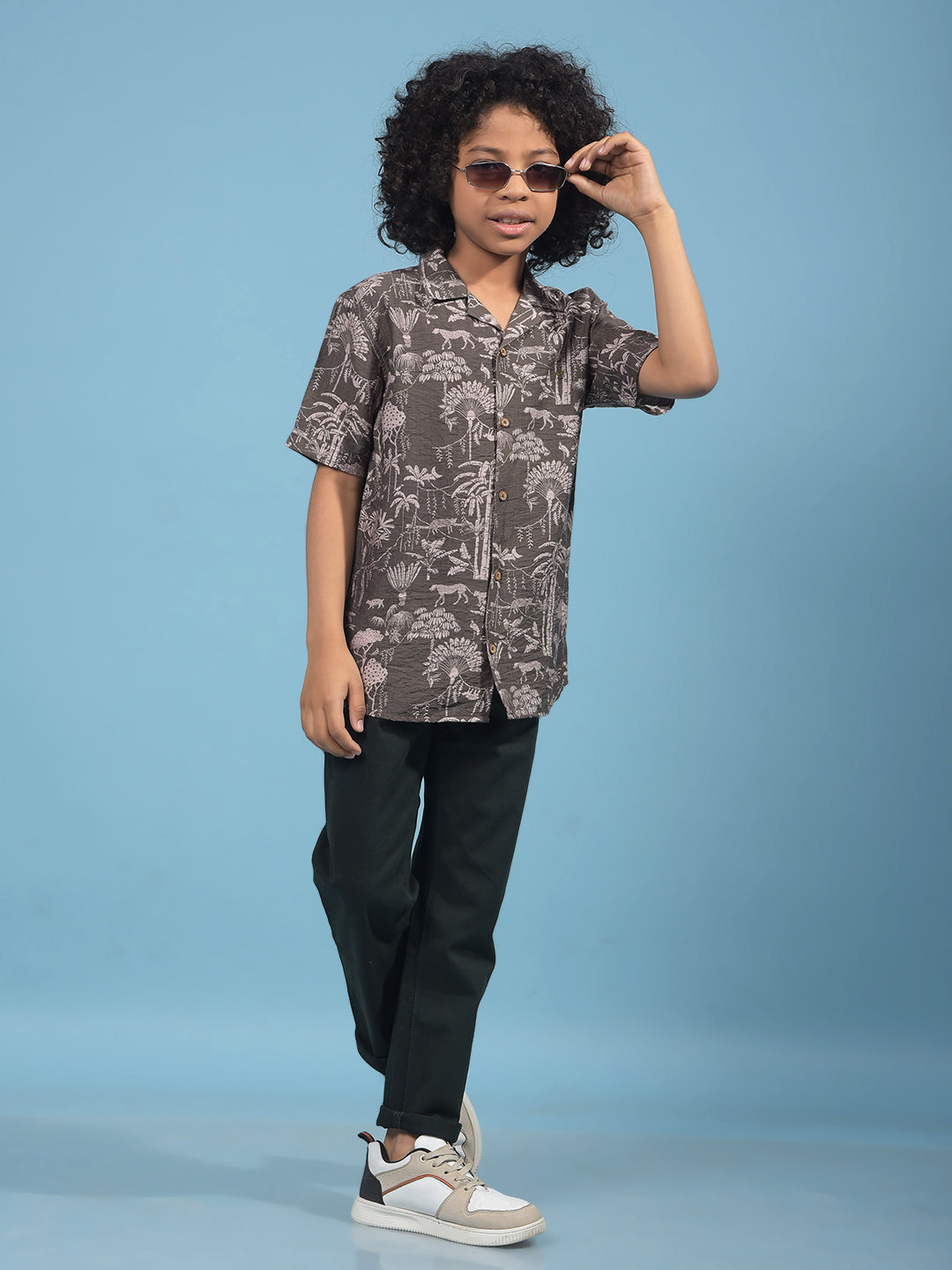 Green Floral Print Cuban Collar Shirt-Boys Shirts-Crimsoune Club