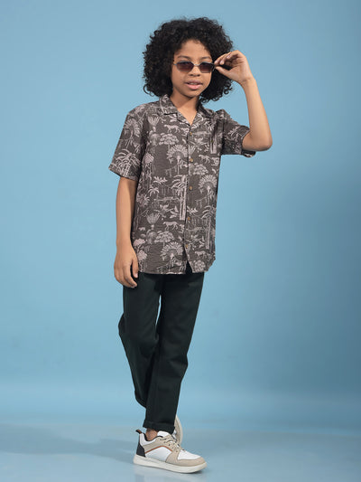 Green Floral Print Cuban Collar Shirt-Boys Shirts-Crimsoune Club