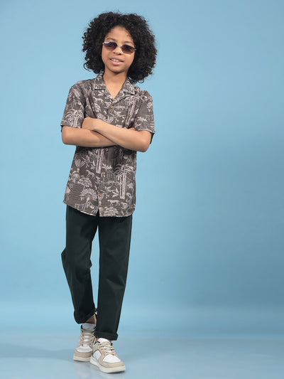 Green Floral Print Cuban Collar Shirt-Boys Shirts-Crimsoune Club
