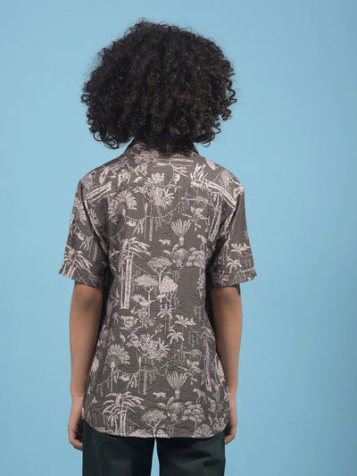 Green Floral Print Cuban Collar Shirt-Boys Shirts-Crimsoune Club
