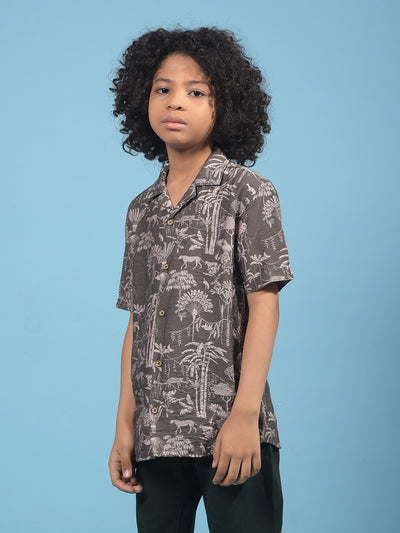 Green Floral Print Cuban Collar Shirt-Boys Shirts-Crimsoune Club