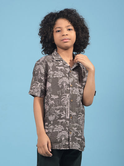 Green Floral Print Cuban Collar Shirt-Boys Shirts-Crimsoune Club