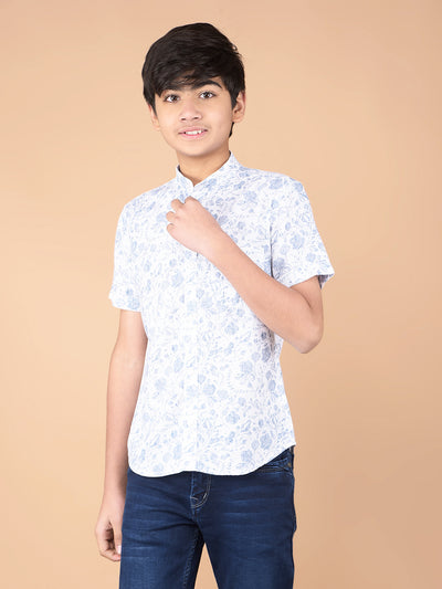 Blue Floral Print Linen Shirt-Boys Shirts-Crimsoune Club