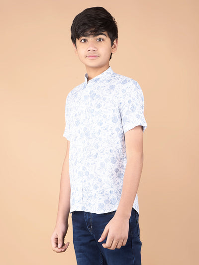 Blue Floral Print Linen Shirt-Boys Shirts-Crimsoune Club