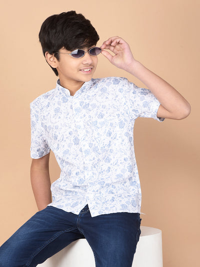 Blue Floral Print Linen Shirt-Boys Shirts-Crimsoune Club