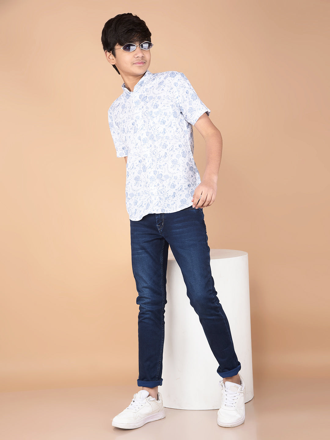 Blue Floral Print Linen Shirt-Boys Shirts-Crimsoune Club