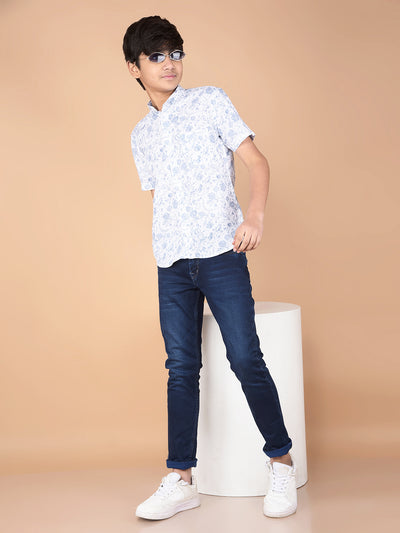 Blue Floral Print Linen Shirt-Boys Shirts-Crimsoune Club