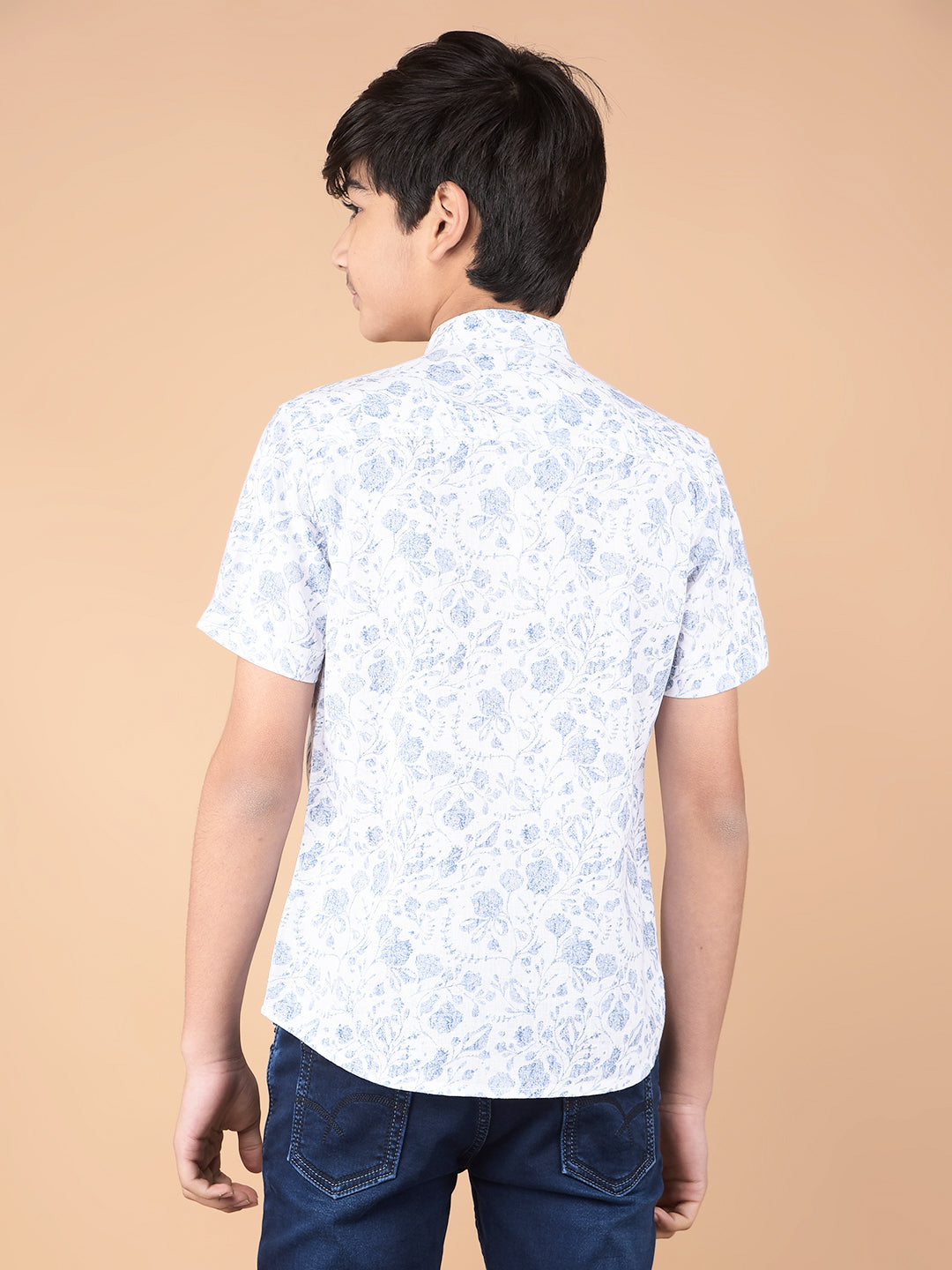 Blue Floral Print Linen Shirt-Boys Shirts-Crimsoune Club