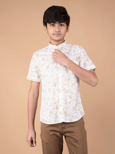 Beige Floral Print Linen Shirt-Boys Shirts-Crimsoune Club