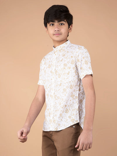 Beige Floral Print Linen Shirt-Boys Shirts-Crimsoune Club