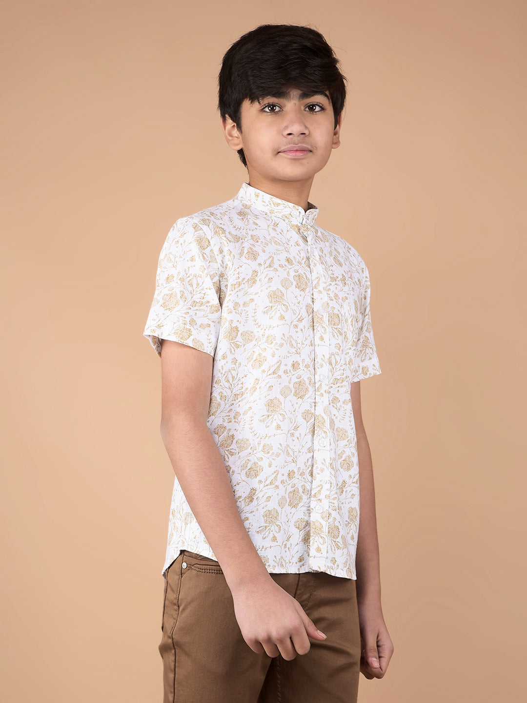 Beige Floral Print Linen Shirt-Boys Shirts-Crimsoune Club