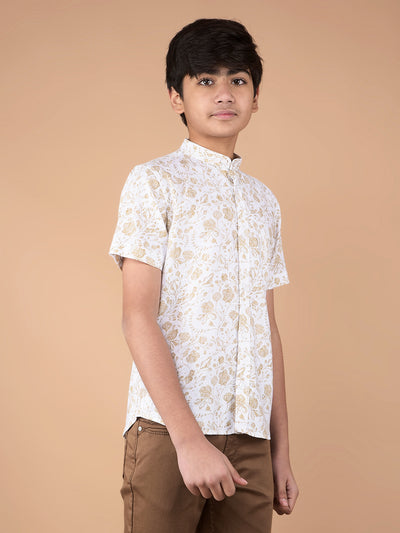 Beige Floral Print Linen Shirt-Boys Shirts-Crimsoune Club