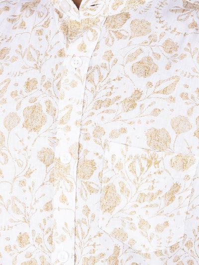 Beige Floral Print Linen Shirt-Boys Shirts-Crimsoune Club