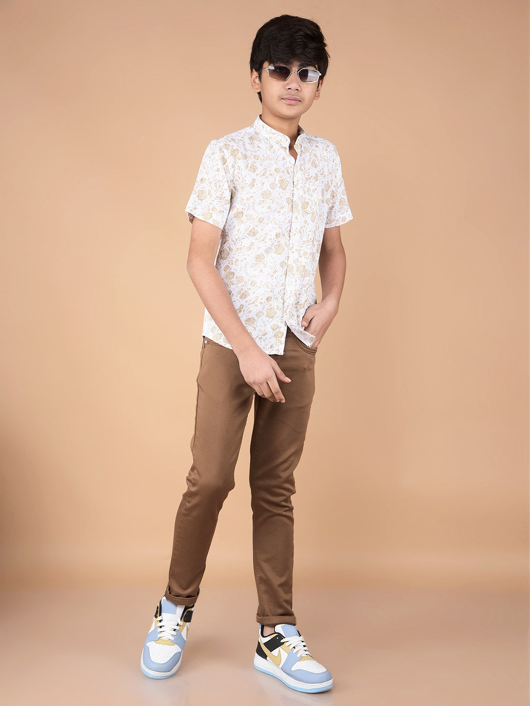 Beige Floral Print Linen Shirt-Boys Shirts-Crimsoune Club