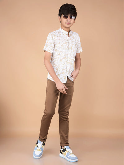 Beige Floral Print Linen Shirt-Boys Shirts-Crimsoune Club