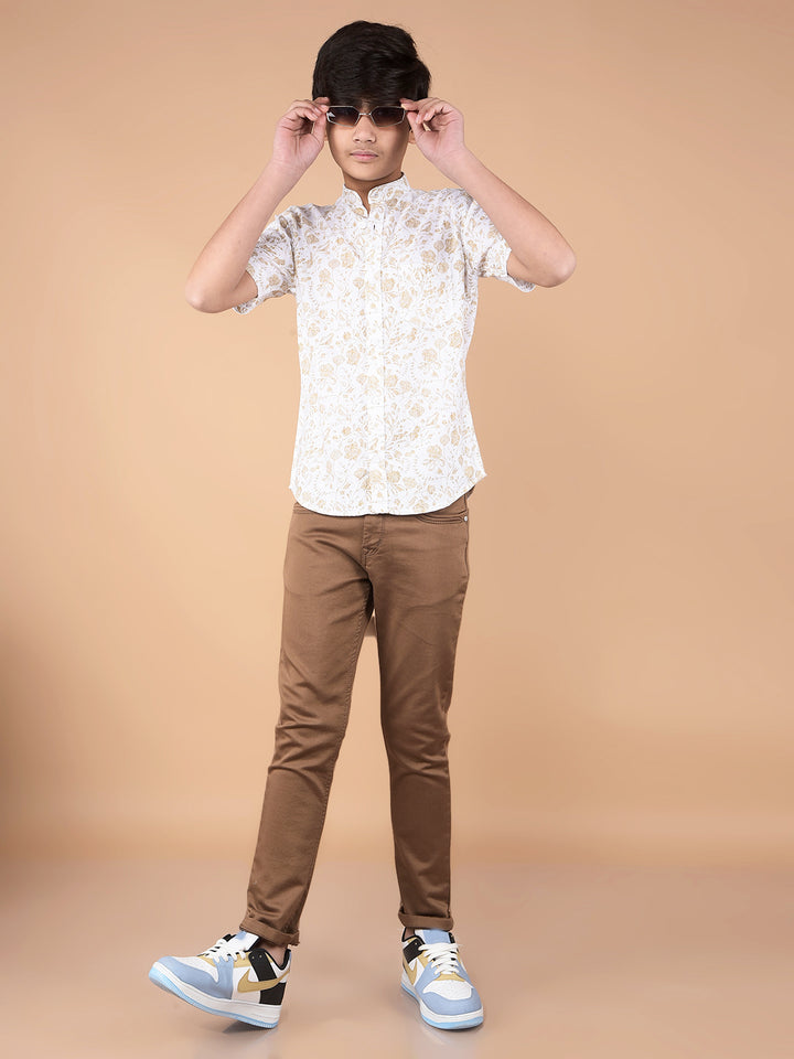 Beige Floral Print Linen Shirt-Boys Shirts-Crimsoune Club