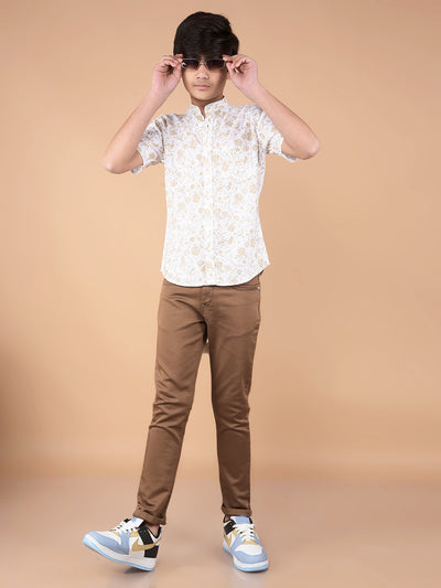 Beige Floral Print Linen Shirt-Boys Shirts-Crimsoune Club