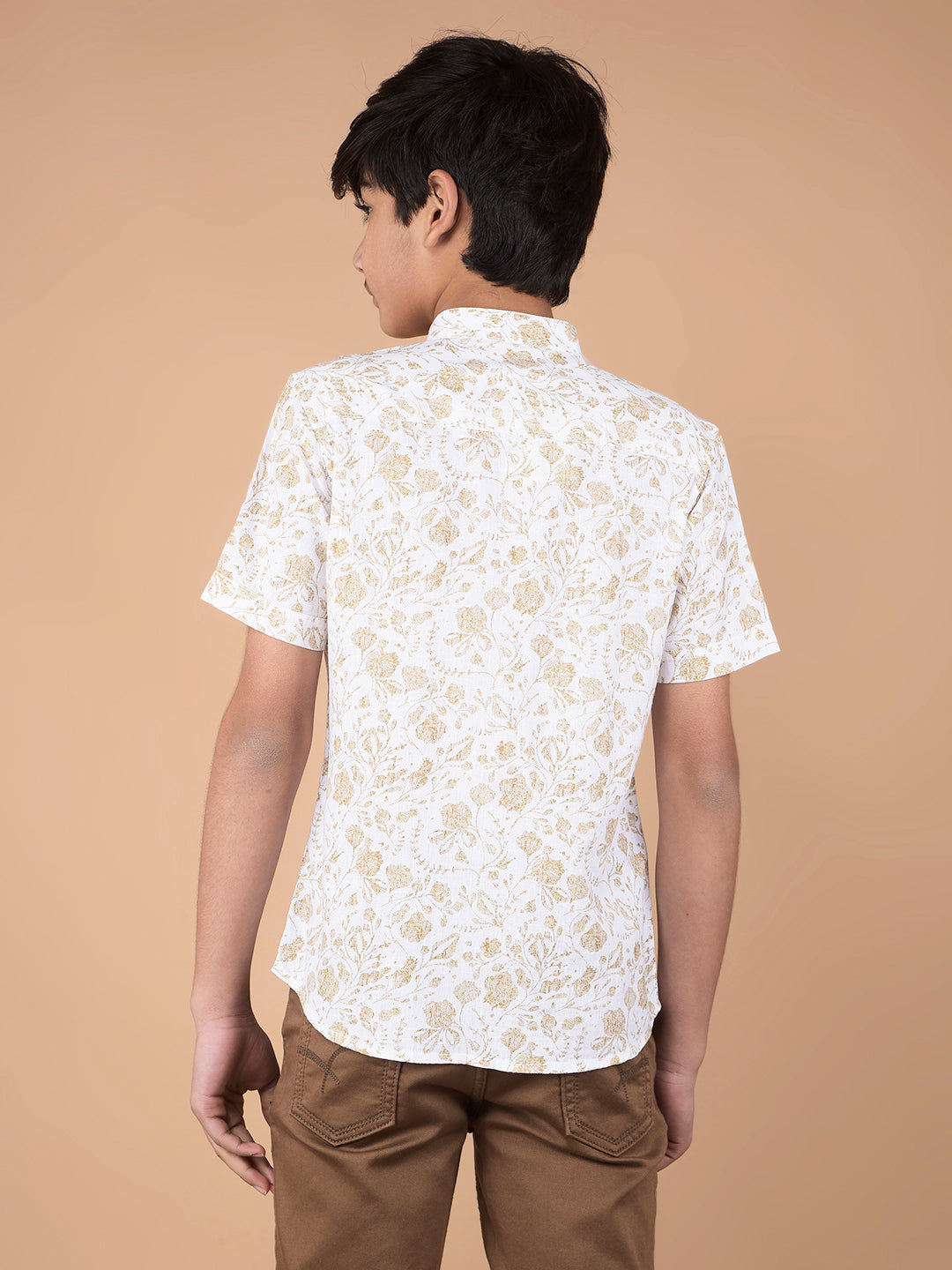 Beige Floral Print Linen Shirt-Boys Shirts-Crimsoune Club