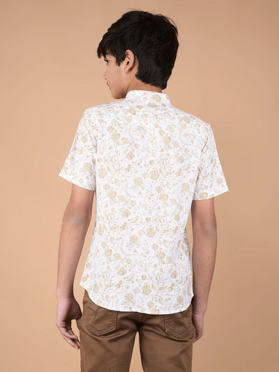 Beige Floral Print Linen Shirt-Boys Shirts-Crimsoune Club