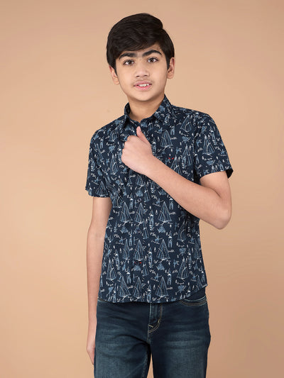 Navy Blue Printed Shirt-Boys Shirts-Crimsoune Club