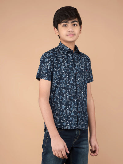 Navy Blue Printed Shirt-Boys Shirts-Crimsoune Club