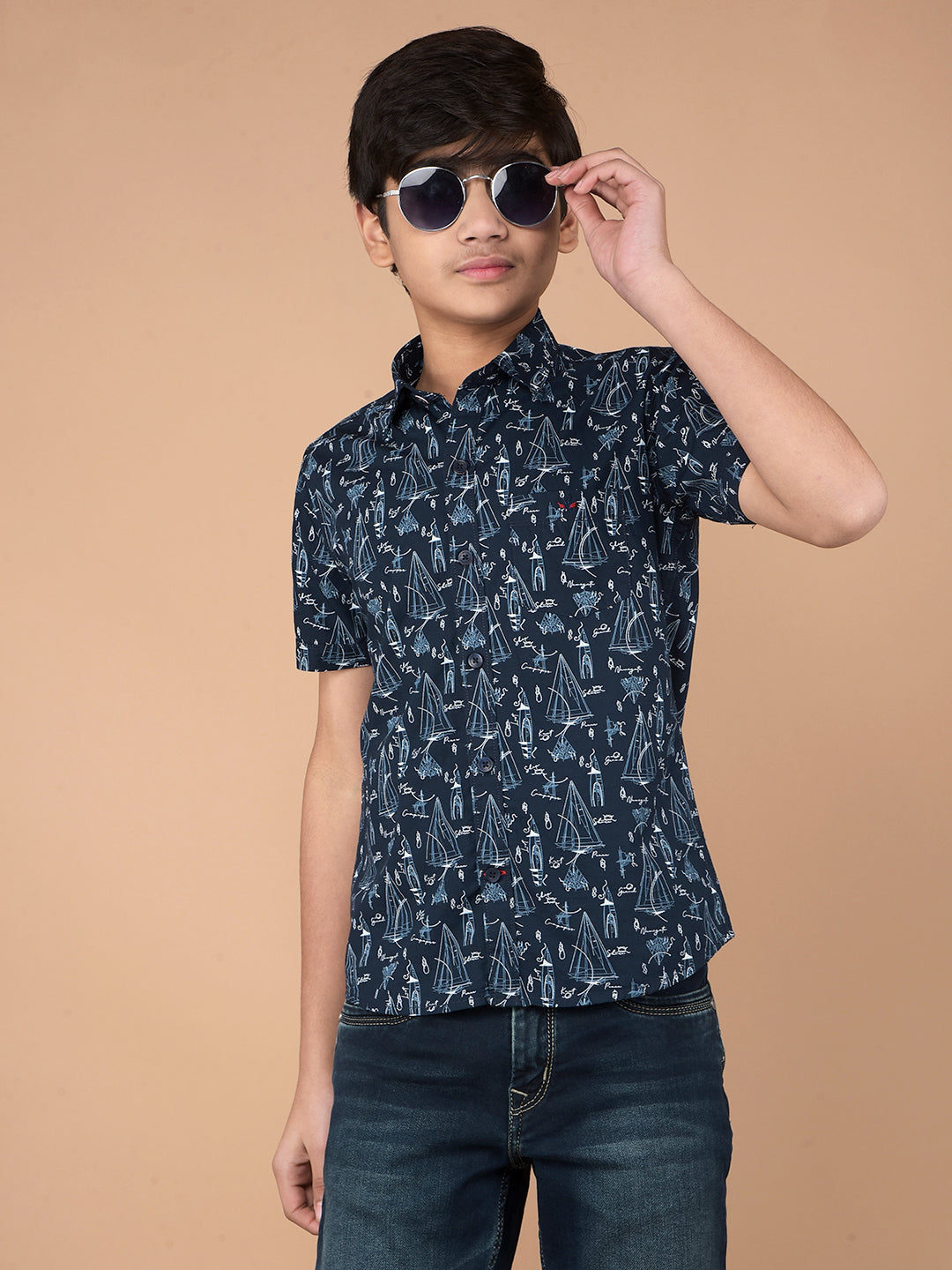 Navy Blue Printed Shirt-Boys Shirts-Crimsoune Club